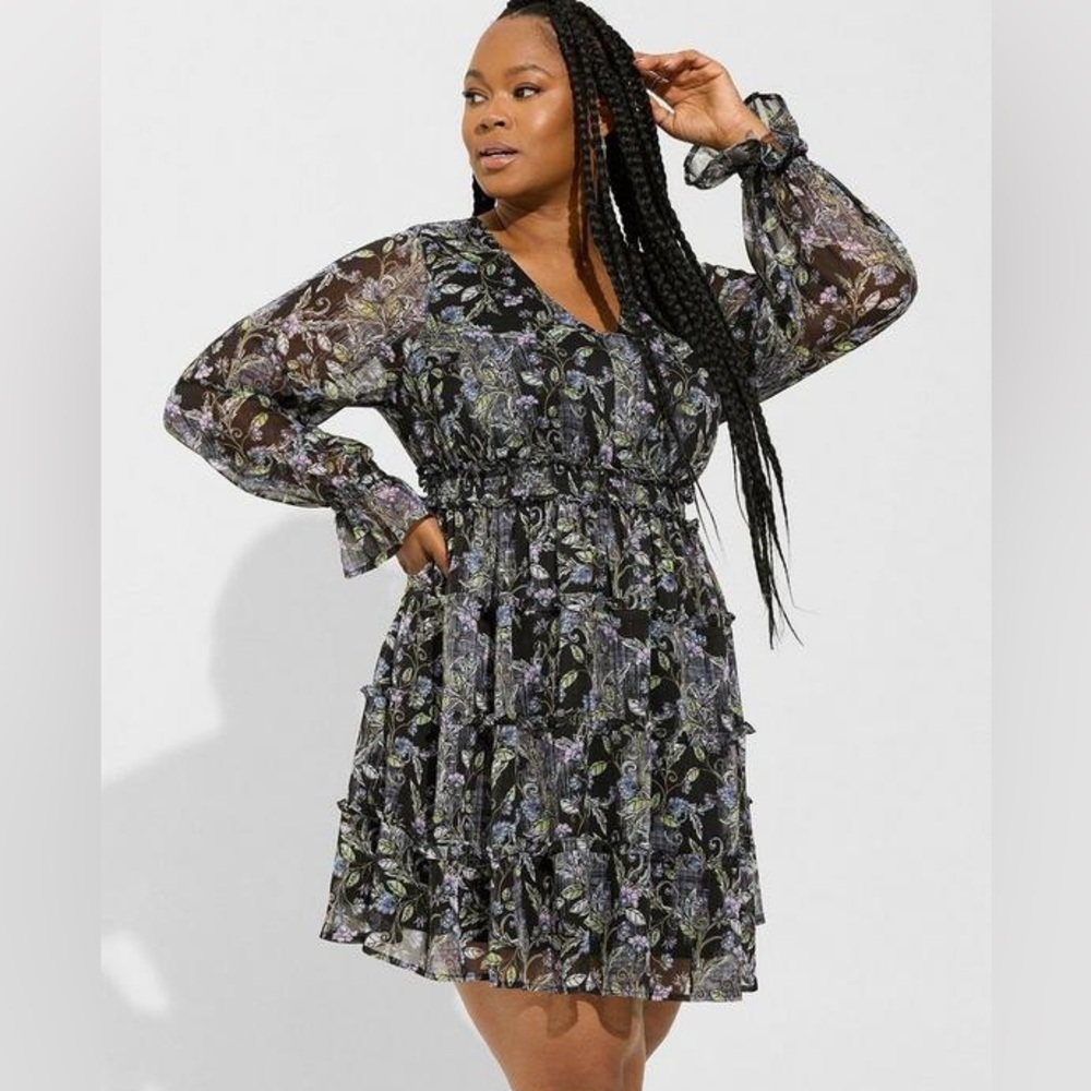 Torrid Black Floral Mini Lurex Chiffon Tiered Mini Dress - New - Size 18/20 (2)